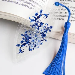 Creative Bookmark with Tassels Pretty Blue and White Porcelain Leaf Vein Gift for Friend Student School Supplies