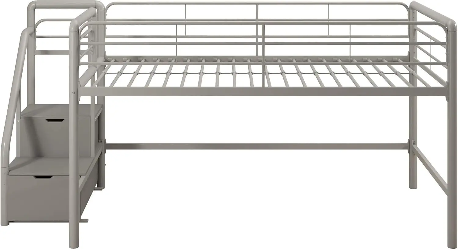 Junior Twin Metal Loft Bed With Storage Steps, Multifunctional Space-Saving Solution - Silver With Gray Steps