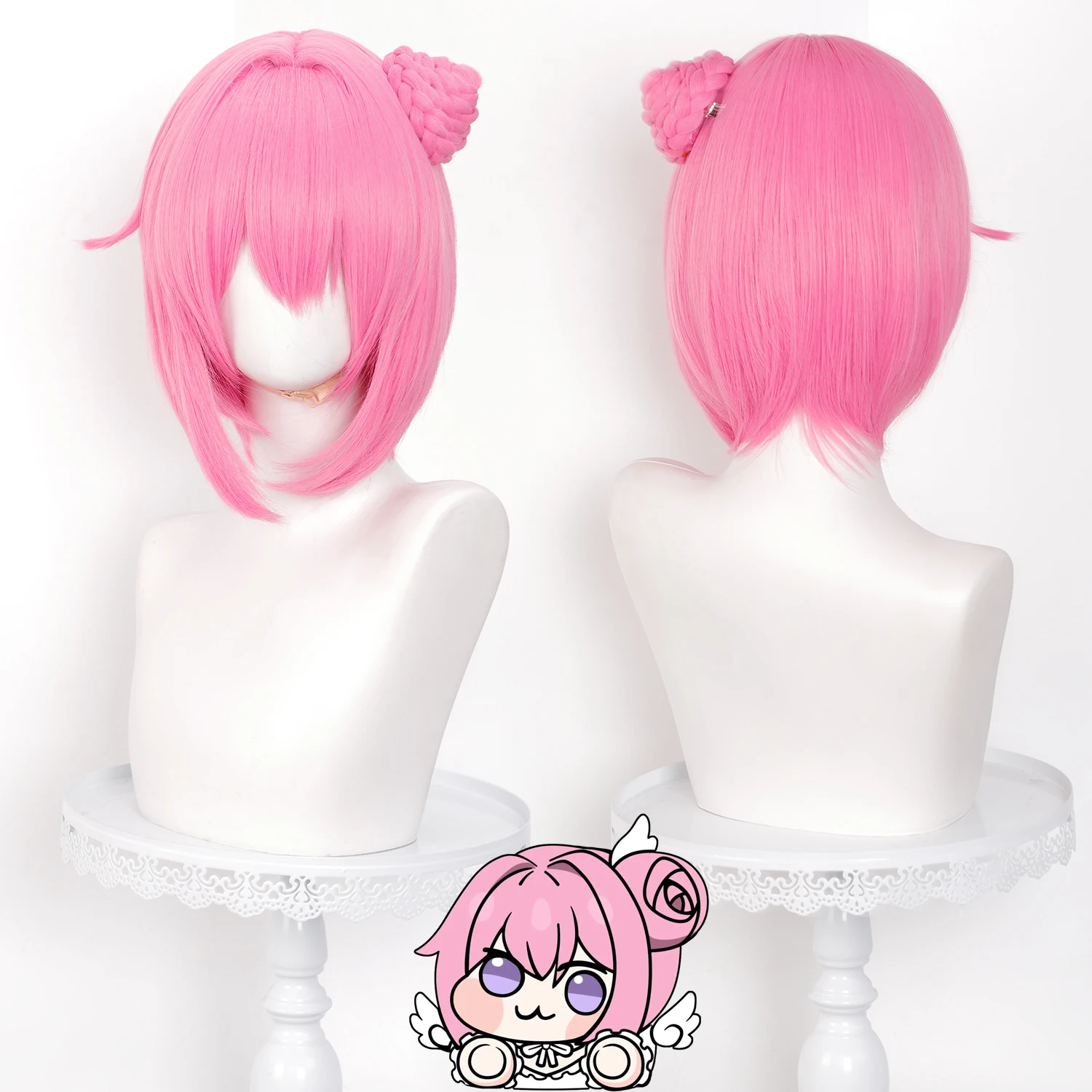 32cm Fashion Pink Bob Wig with Removable Bun  Synthetic Hair for Anime Role Play & Daily Costume Events