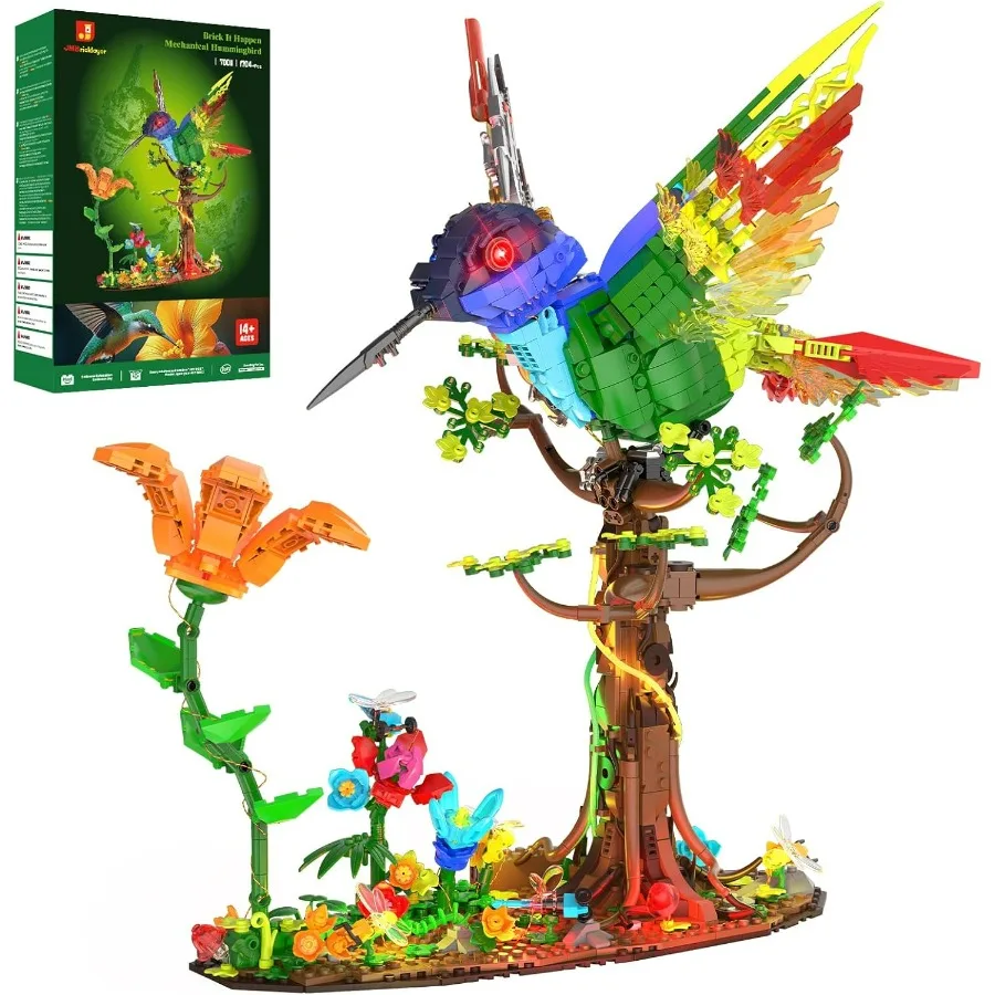 

Набор для сборки механического колибри JMBricklayer с LED-подсветкой, коллекционная игрушка-фигурка цветка и животного в черно-золотом цвете, креативный художественный подарок