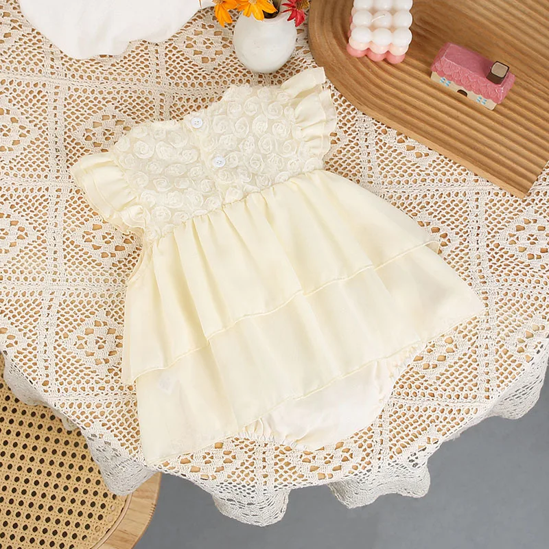 MILANCEL New Summer Girls Sweet Floral Dress Baby Cute Beige Tulip Flying Sleeve Bodysuit Infant Thin Style One Piece