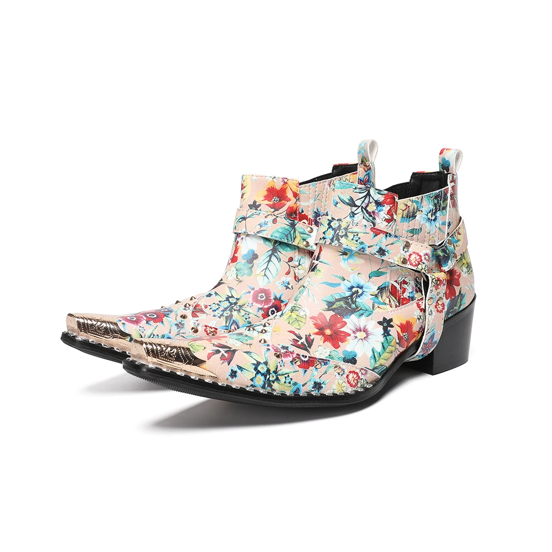 Designer Flower Print Genuine Leather Men Ankle Boots Plus Size Pointed Toe Zip Motorcycle Short Boots Male Party Dress Shoes
