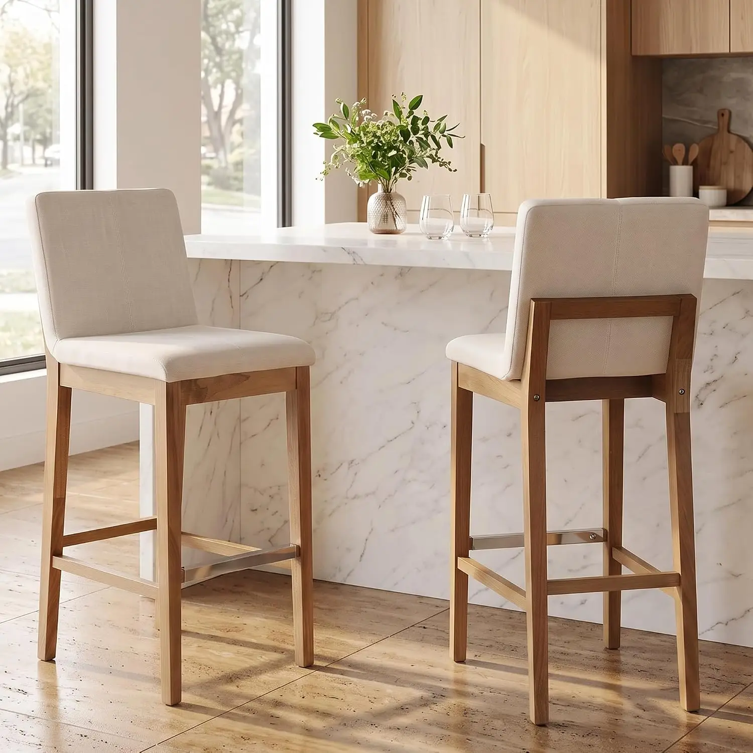 Bar Stools for Kitchen Island Set of 2, Linen Fabric Upholstered Barstools with Solid Wood Frame, 30 Inch Mid Century Bar Height