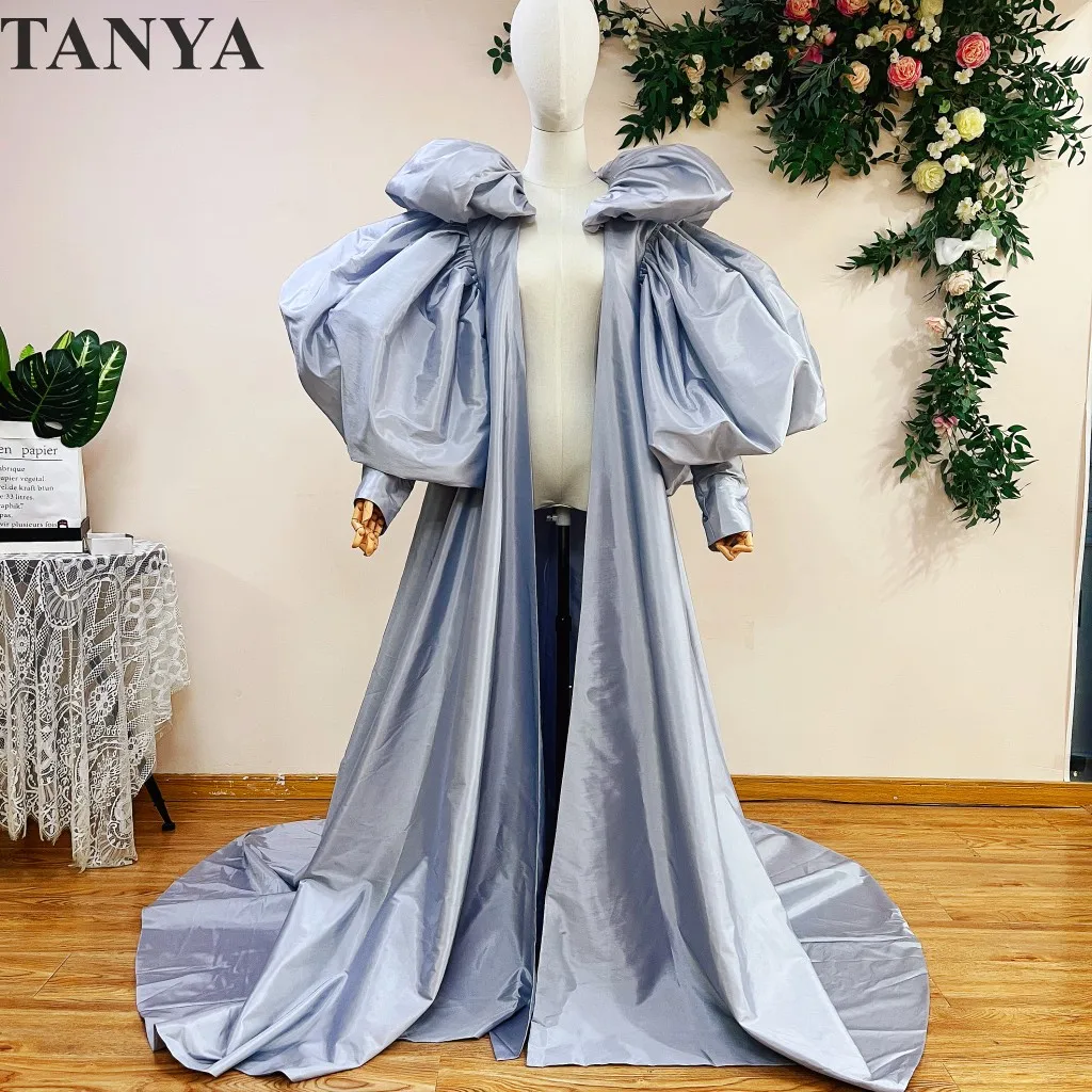 Long Evening Jacket Puffy Sleeves A Line Taffeta Silver Gray Cape Floor Length Outfit Coat Prom Cloak