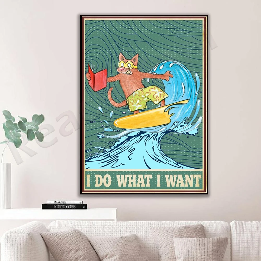 أفعل ما أريد ملصق هدايا القطط المضحكة، ملصق ركوب الأمواج على شكل قطة