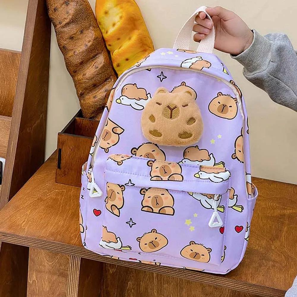 Thickened Capybara Backpack Wide Straps Nylon Cartoon Animal Daypack Lightweight Foldable Large Capacity School Bag Unisex