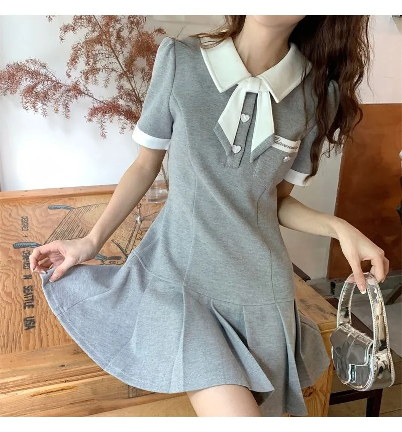 Academy Sweet Bow Pleated Dress Women Polo Neck Contrast Color Korean Fashion Summer Temperament Sport College Casual Lady Wear