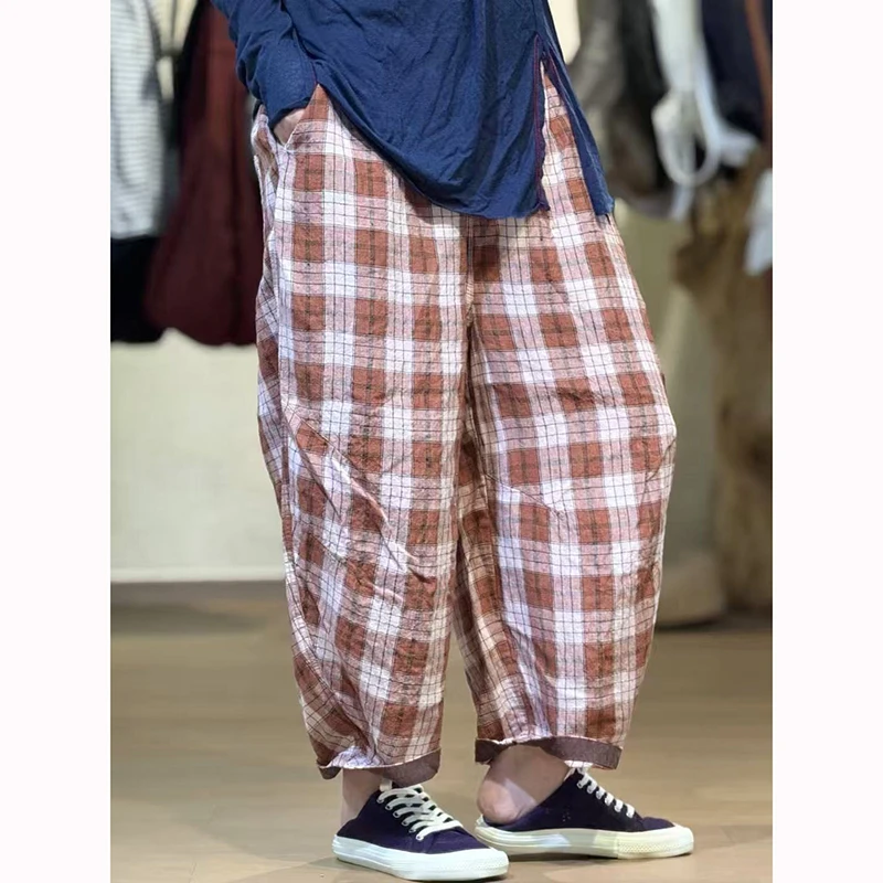 

New Spring Summer Arts Style Women Elastic Waist Loose Ankle-length Pants Good Quality Cotton Linen Casual Plaid Harem Pants D60