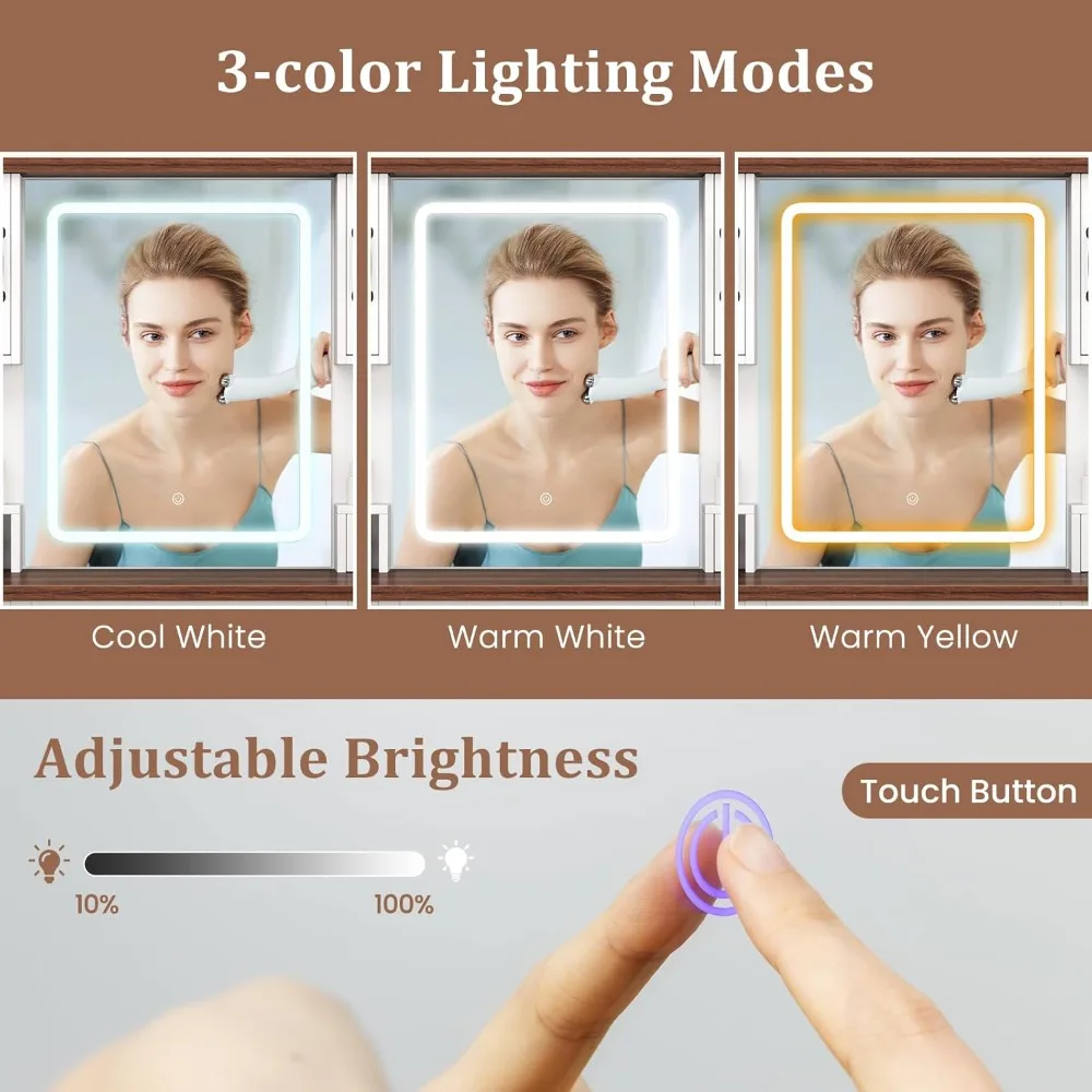 طاولة تزيين مع مرآة وضوء، درج تخزين، محطة شحن، خيارات إضاءة ثلاثية الألوان، قابلة للتعديل #6