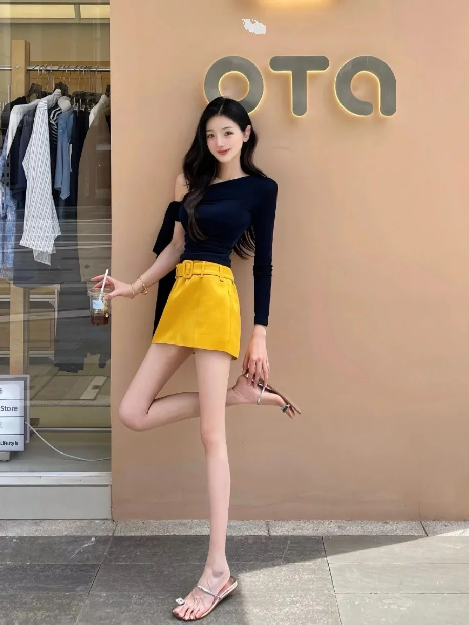 Low Waist A-Line  Skirt Women's Summer New Korean Style Belt Decoration Design Slimming Orange Yellow Skirts
