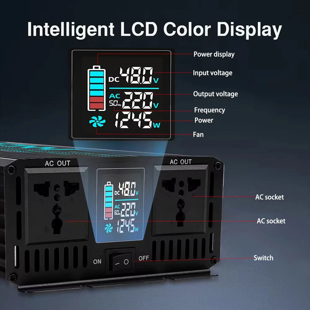Pure Sine Wave Inverter DC 48V/72V to AC 220V 1000W 1600W 3000W 4000W 5000W 6000W LCD Display Power Converter Car Solar Inverter