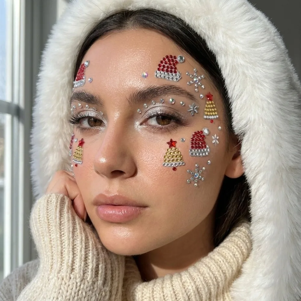 4Pcs Self-Adhesive Christmas Face Gem Sticker Set Xmas Tree Snowflake Rhinestone Eye Body Decals Sock Patterns Multi-Size