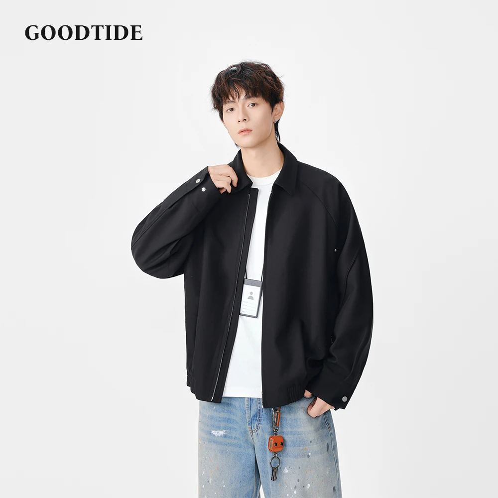 

Мужская черная куртка на молнии с лацканами, свободная посадка, повседневная уличная одежда, верхняя одежда, модное пальто с длинными рукавами и пуговицами, модная мужская одежда