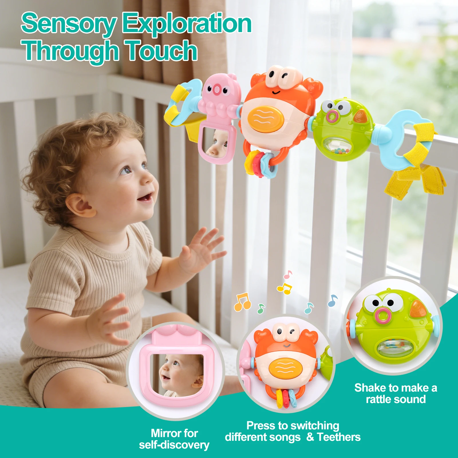 Baby Stroller Toys Cartoon Crab Bell Toys Infant Car Seat Toys Fine Motor Skills Sensory Development Pram Activity Arch Toys