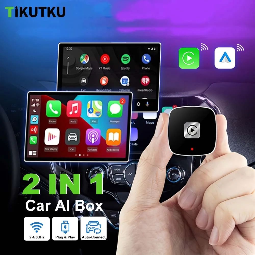 

Car AI Box Wireless Carplay Adapter Android Auto Wireless Adapter 2 In 1 Mini Box Plug And Play 5GHz WiFi Fast Connect USB Port