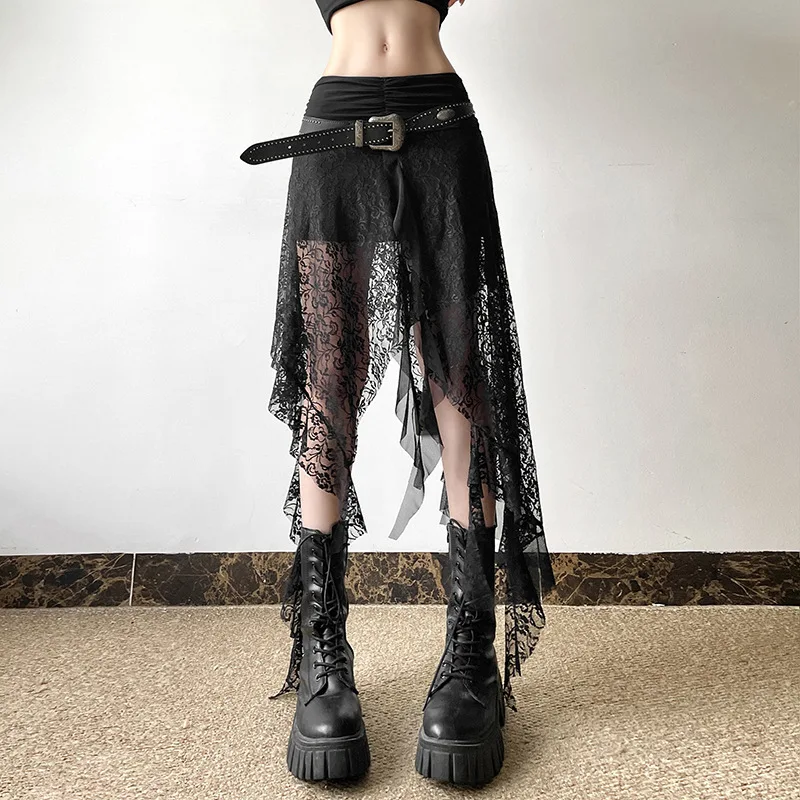 

Весна 202, женская черная облегающая кружевная асимметричная трикотажная юбка с высокой талией, модная транссексуальная утепленная юбка для похудения...