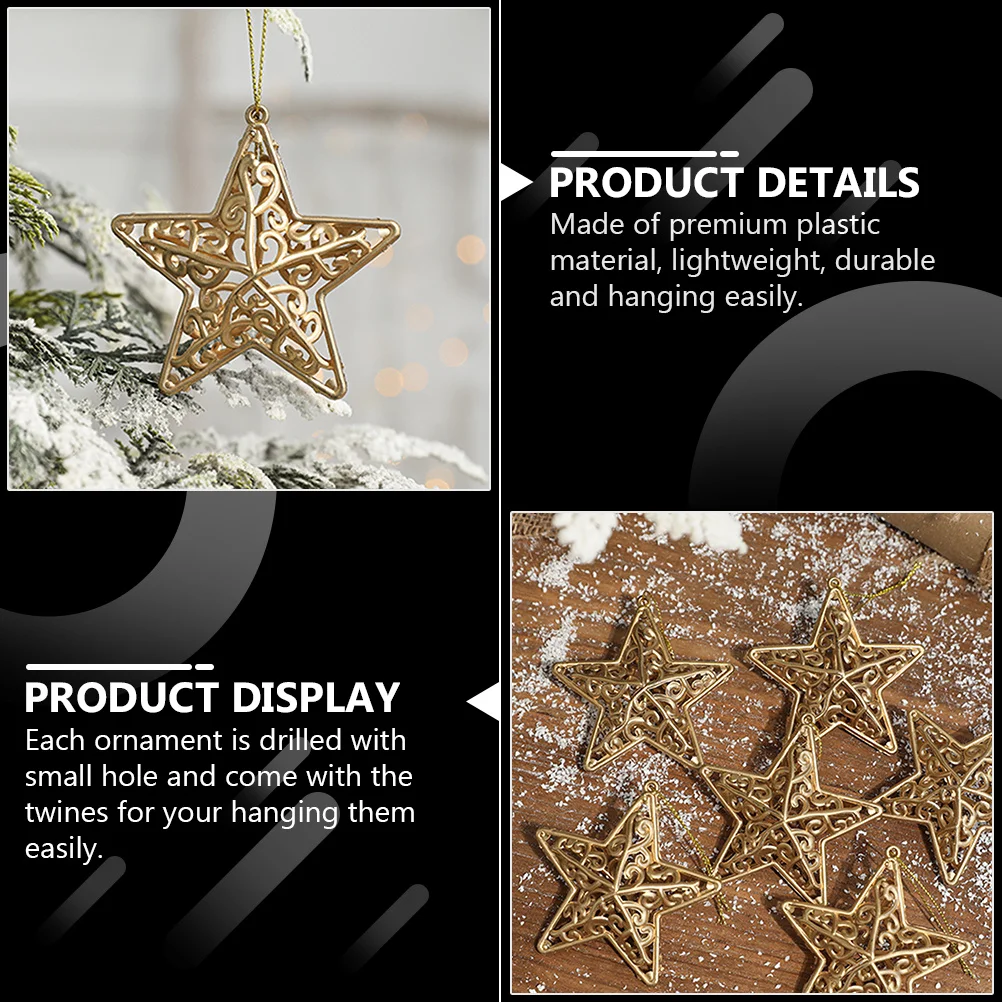 

6Pcs Golden Star Christmas Pendant Lightweight Hanging Ornaments for Xmas Tree Festival Party Supplies
