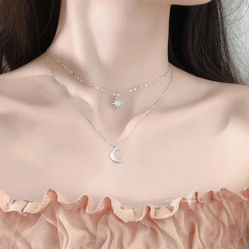 New Fashion Silver Color Double Layer Star Moon Necklace for Women Charm Delicate Zircon Stainless Steel Choker Chain Jewelry