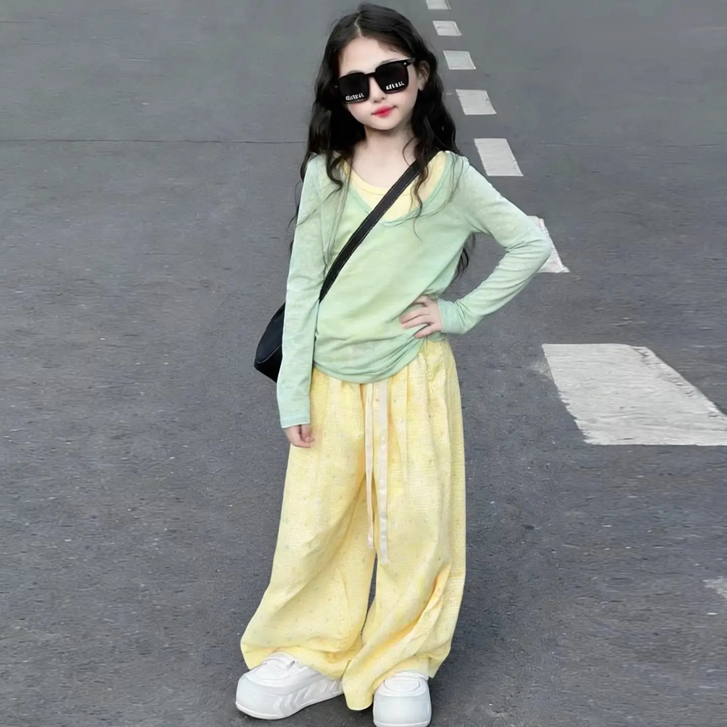 2026 spring summer Girls clothes children set Kids top loose t shirt + polka dot wide leg pant 4 8 10 14 15 years teens Korea