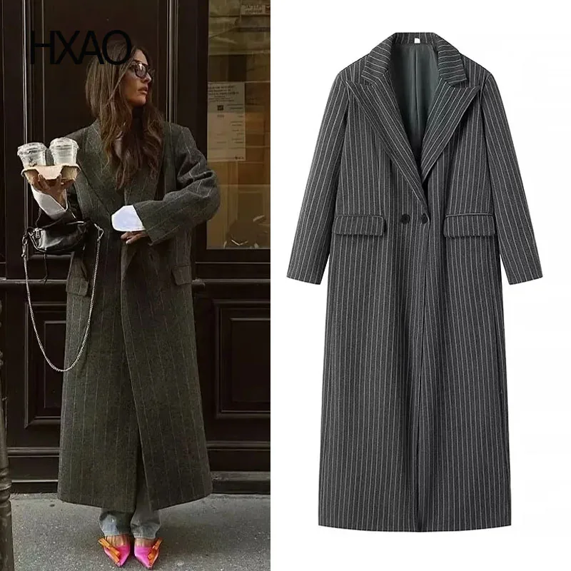 

HXAO Faux Wool Coats Woman Trench Coat Wool Blend Coat Long Jackets for Women Overcoat Female Striped Woolen Jackets Outerwears