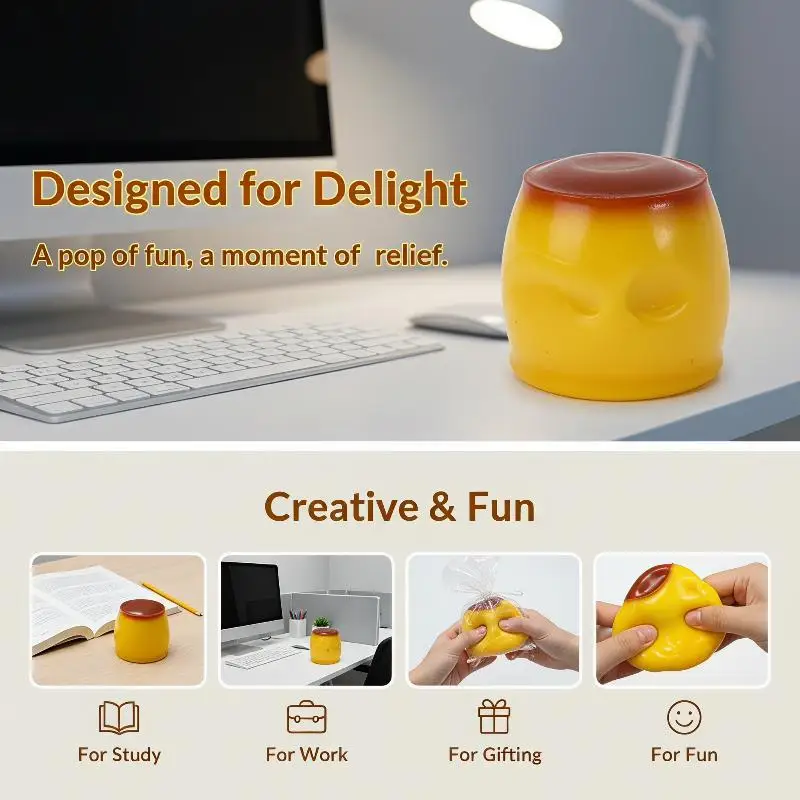 Caramel Pudding Squeeze Toy Crispy Crunch Sound Stress Relief Sensory Fidget Toy for Kids Adults Fun Food Shaped Desk Decor Gift