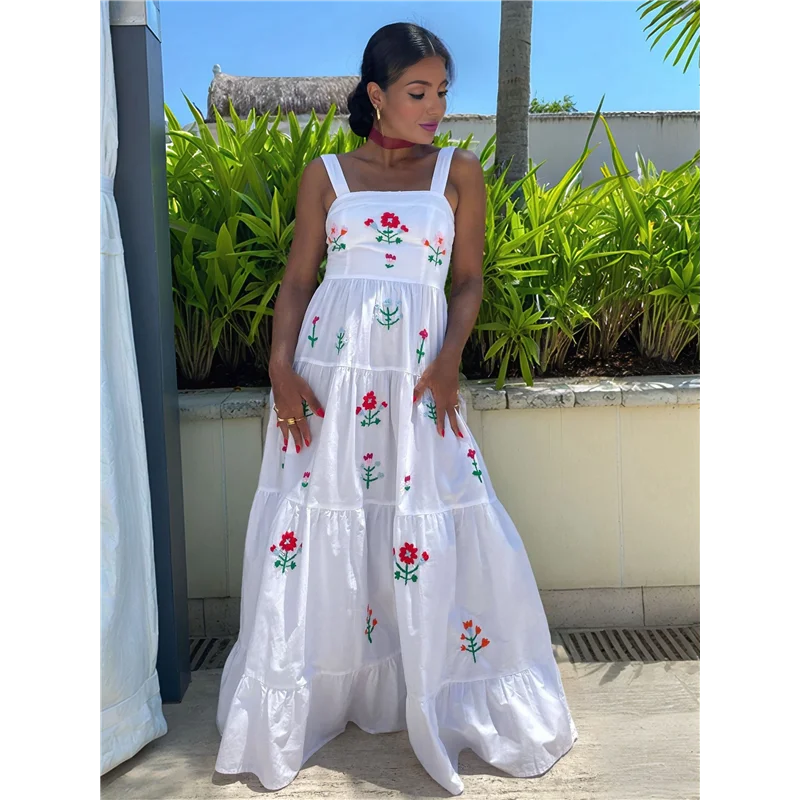 CGS-Vestito lungo ricamato da donna senza maniche smock fluido prendisole Boho Abiti lunghi estivi Vocazione sulla spiaggia