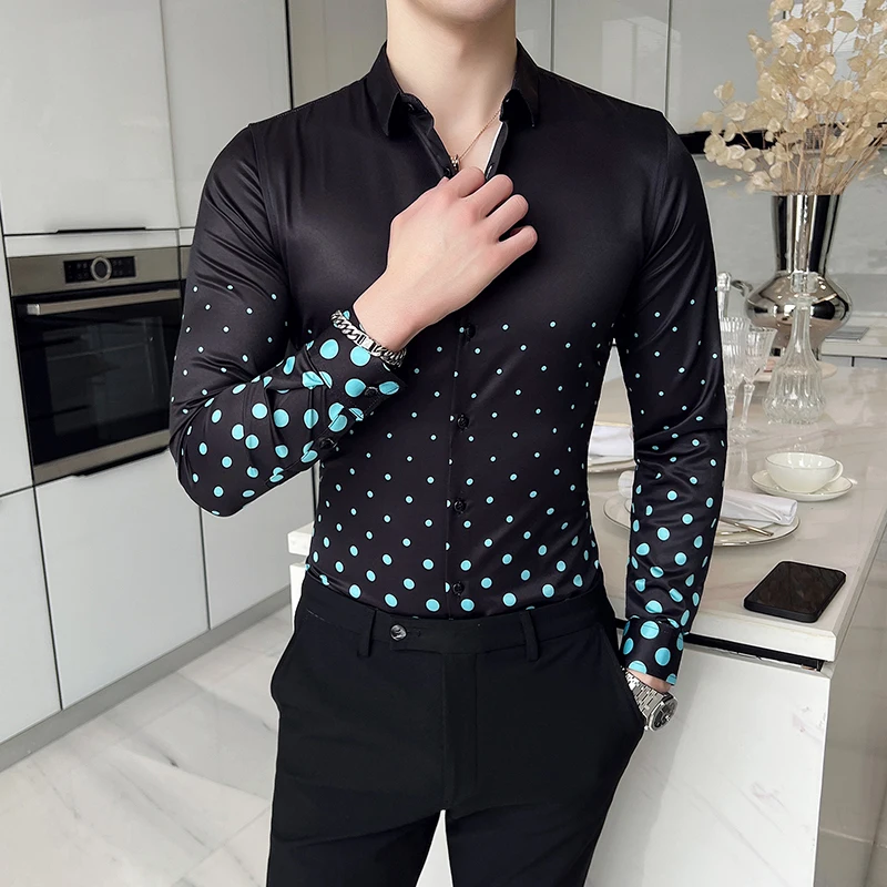 Lifenwenna Hoge Kwaliteit Digital Print Shirt Mannen Mode Luxe Dots Lange Mouwen Party Nachtclub Slim Fit Streetwear Tops