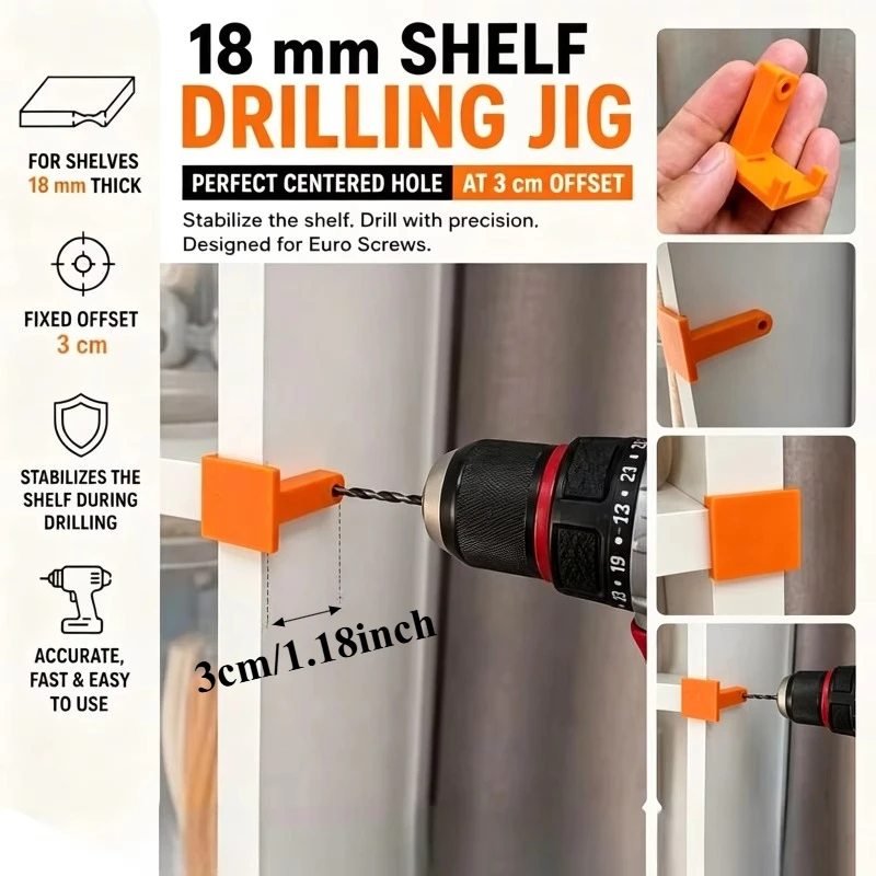 1pc 3D Print Shelf Drilling Jig Locator Bracket Woodworking Hole Positioning Guide For 18mm Board Cabinet Mount Drilling Tool
