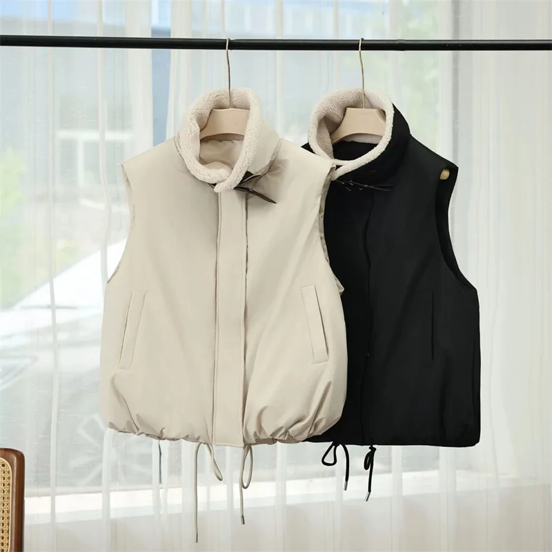 Lamb Wool Collar Cotton Vest Short Sleeveless Cotton-padded Jacket Women's Waistcoat 2026 New Warm Vest Female Outerwear Tops