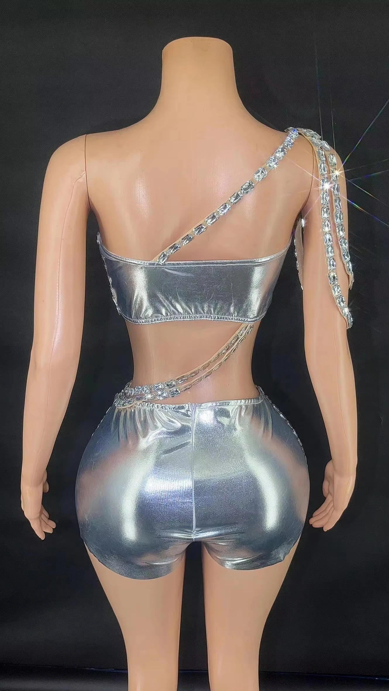 ZD Costume da donna sexy di lusso con strass scintillanti senza maniche, trasparente, aderente, sexy, ballo di fine anno, discoteca, festa, spettacolo