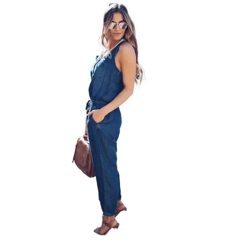 Overall celana jins Vintage wanita, jumpsuit Denim panjang pergelangan kaki, bisa dicuci, 2024 Solid, celana lurus bersaku, kasual longgar