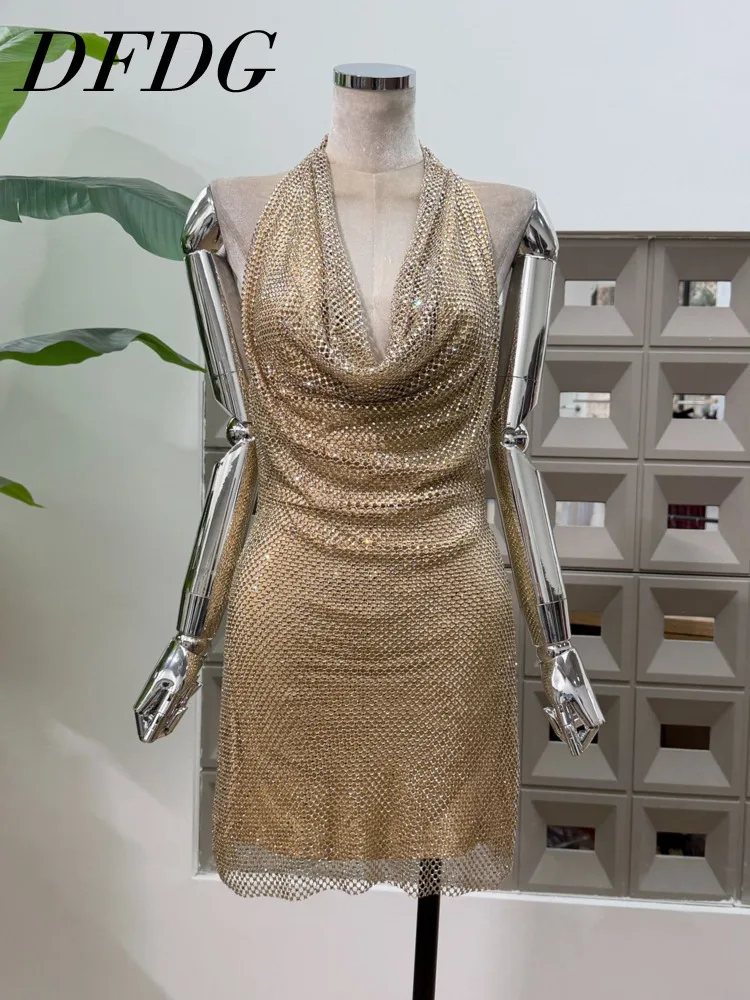 

DFDG Women's 2025 Spring Summer Luxury Party Halter Neck Backless Dress Mesh Hollow Rhinestone Draped Collar Slim Bodycon Dress