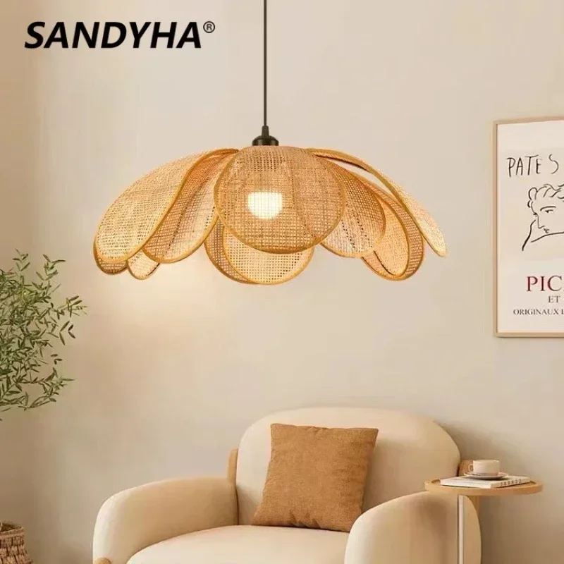 Wabi Sabi Pendant Light Rattan Petal Woven Ceiling Chandelier Home Decor for Bedroom Living Room Dining Table Led Hanging Lamp