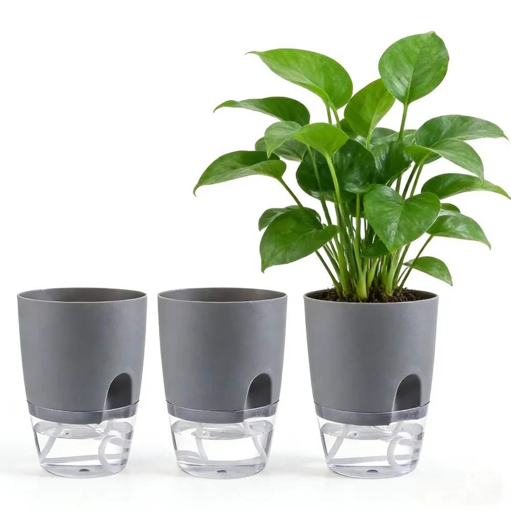 

3pc Transparent Double Layer Plastic Flower Pot Self Watering Flowerpot Cotton Rope Watering Small Plant Pot with Injection Port