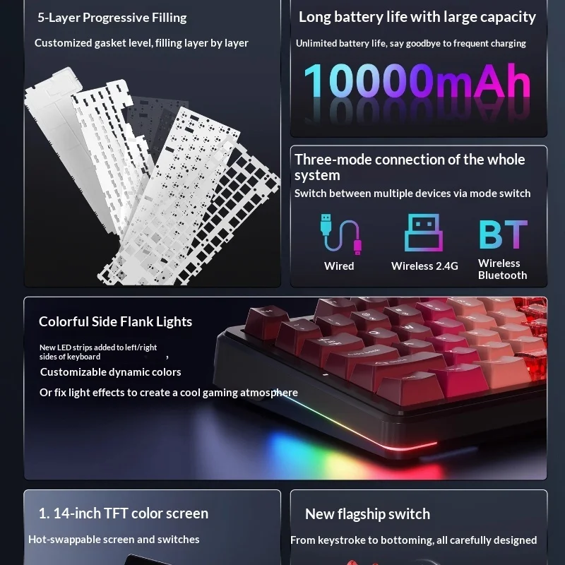 Ajazz Mk87 Mechanical Keyboard Wireless Bluetooth Gaming Office Computer Hot Swap Screen With Wired Option For Desktop Laptop