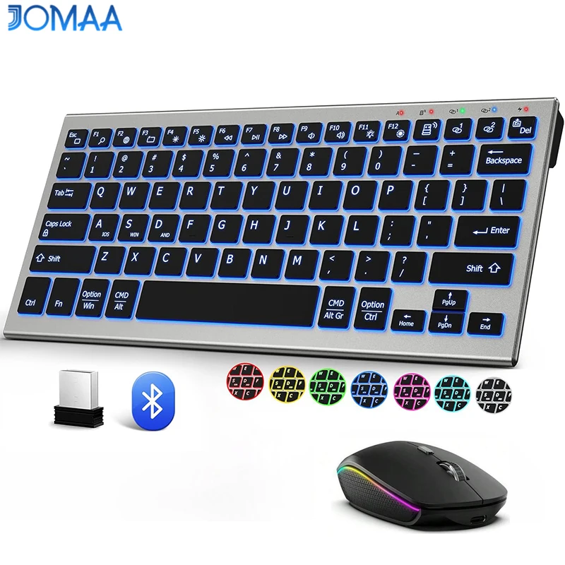 

JOMAA перезаряжаемая Bluetooth и USB беспроводная клавиатура с цветной подсветкой, светодиодный набор клавиатуры и мыши Slient Click для ноутбука Macbook