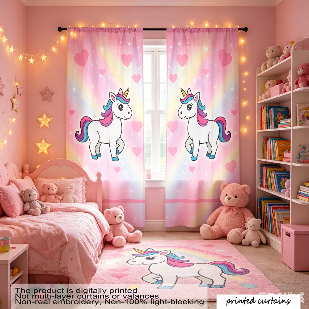 2-piece set, multi-color, cartoon unicorn, gradient rainbow love glitter print, girl's dream style, flat printed curtain