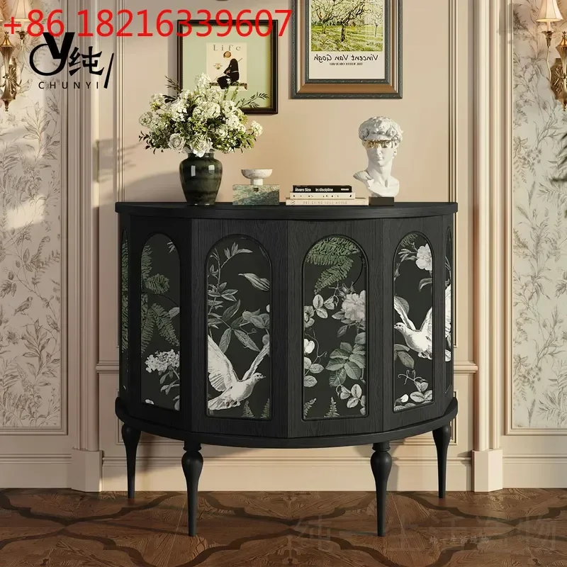 YAOMedieval Solid Wood Porch Cabinet American Retro Foyer Semicircular Hexagonal Corner Cabinet for Living Room Home Decoration