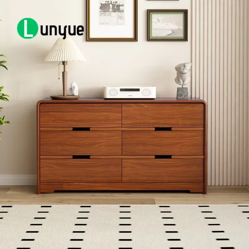 Modern Oak Foldable 5-Drawer High Cabinet Dresser with Recessed Handle Minimalist Design Storage F  urniture for Bedroom Living