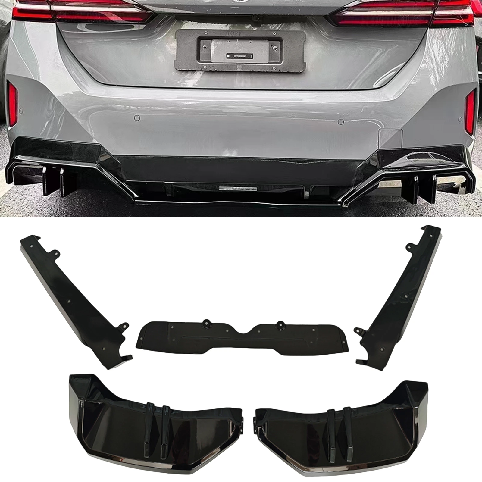 Rear Bumper Diffuser Lip+Side Spoiler Corner Covers For BMW 5 Series I5 G60 G61 M Sport 2024-up Gloss Black Splitter Protector