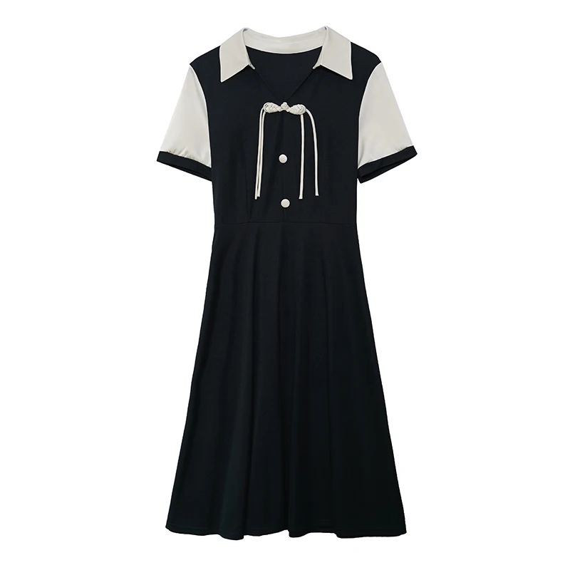 Robe mi-longue en coton pour femme, col en V, manches courtes, grande taille, pompon noir élégant, simple boutonnage, robe mince éducative, été