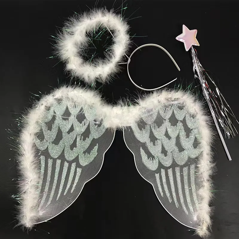 White Girls Butterfly Angel Costume Fairy Birthday Party Wings Magic Wand Sticks Headband Dress Up for Halloween Christmas