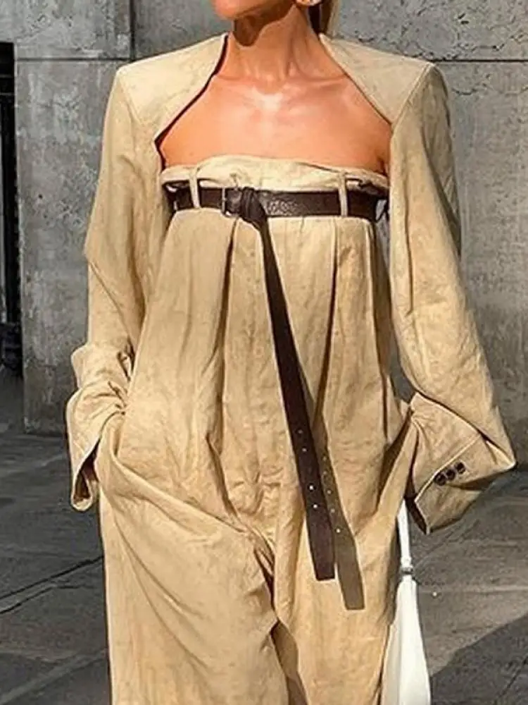 Uoozee Female Stylish Long Sleeves Collarless Outerwear Top + Belted Wide Leg Jumpsuits High Street Two Pieces Sets 2024 New