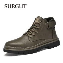 SURGUT New Casual Split Leather Shoes Men Brand Retro Autumn Winter Fur Waterproof 2024 Fashion Business Working Men Snow Boots