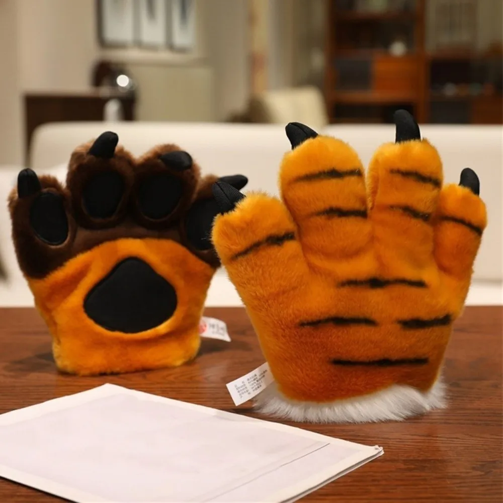 Rękawice imitujące łapy zwierząt, pluszowe rękawice w paski, sztuczne rękawice z łapami tygrysa, wyściełane wnętrze, miękkie rękawice z łapami niedźwiedzia, kostium do cosplayu