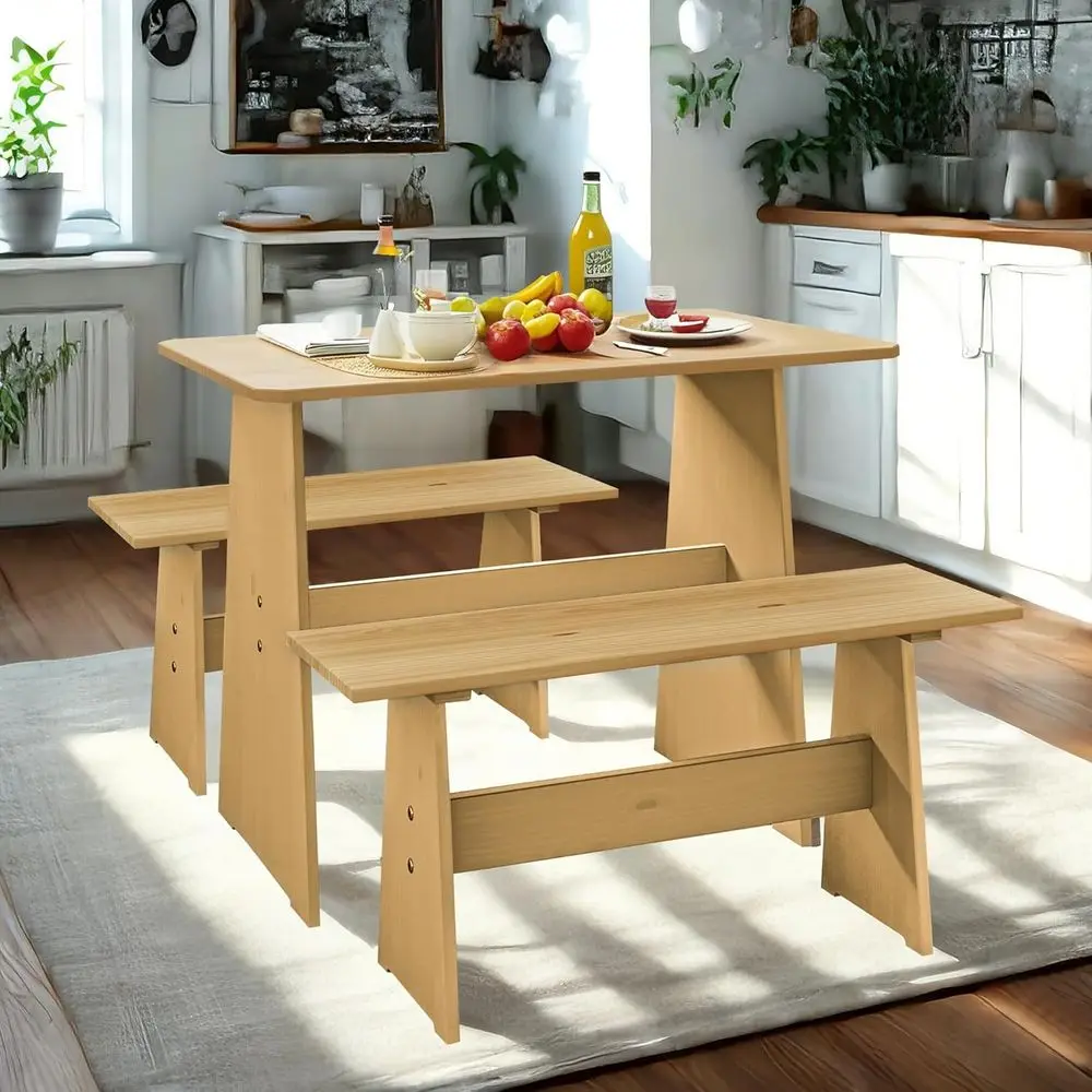 

Компактный обеденный набор из 3 предметов: стол из натурального дерева и 2 скамьи на 4 человека