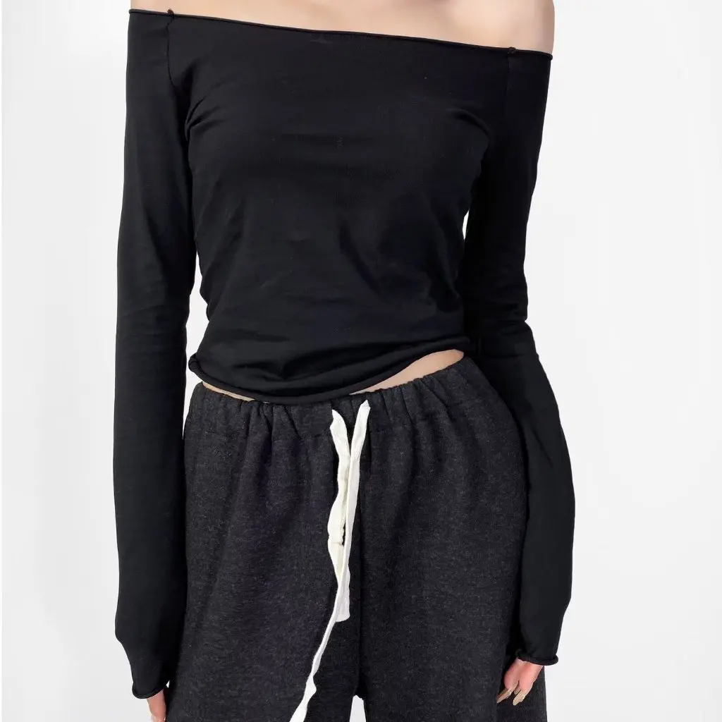 

Women's Off-the-Shoulder Long-Sleeved T-Shirt BM Style Slim High Waist Short Top for Spring And Summer