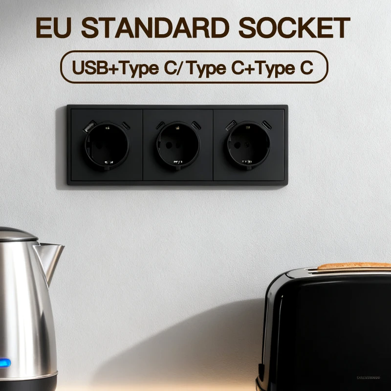 Schuko Wall-Mounted Socket EU 16A 250V, USB Type-C Charging Ports 80×80mm Large PC Board, Modern Power Outlet for Bedroom