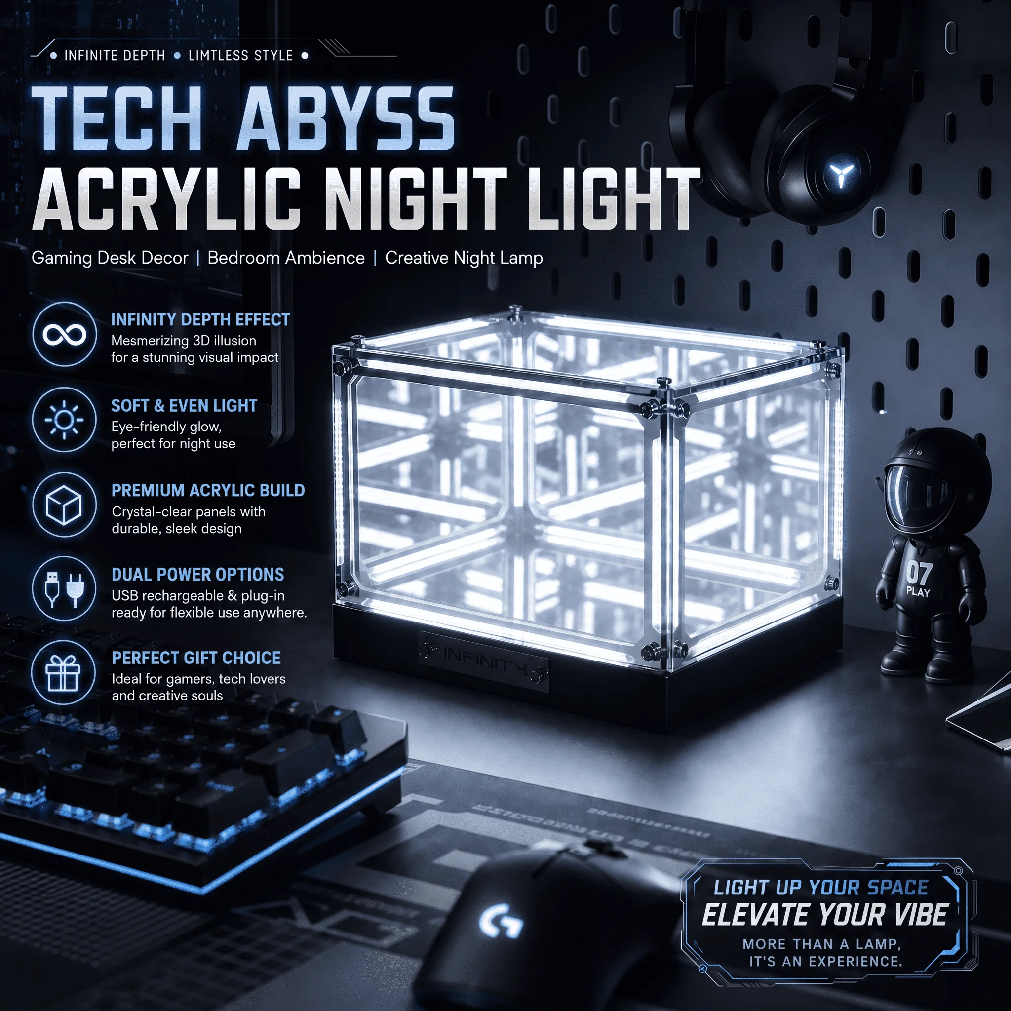 WWPPU Tech Abyss LED Table Lamp Multi-layer Mirror Infinity Depth Box Premium Acrylic Geek Room Decor Items