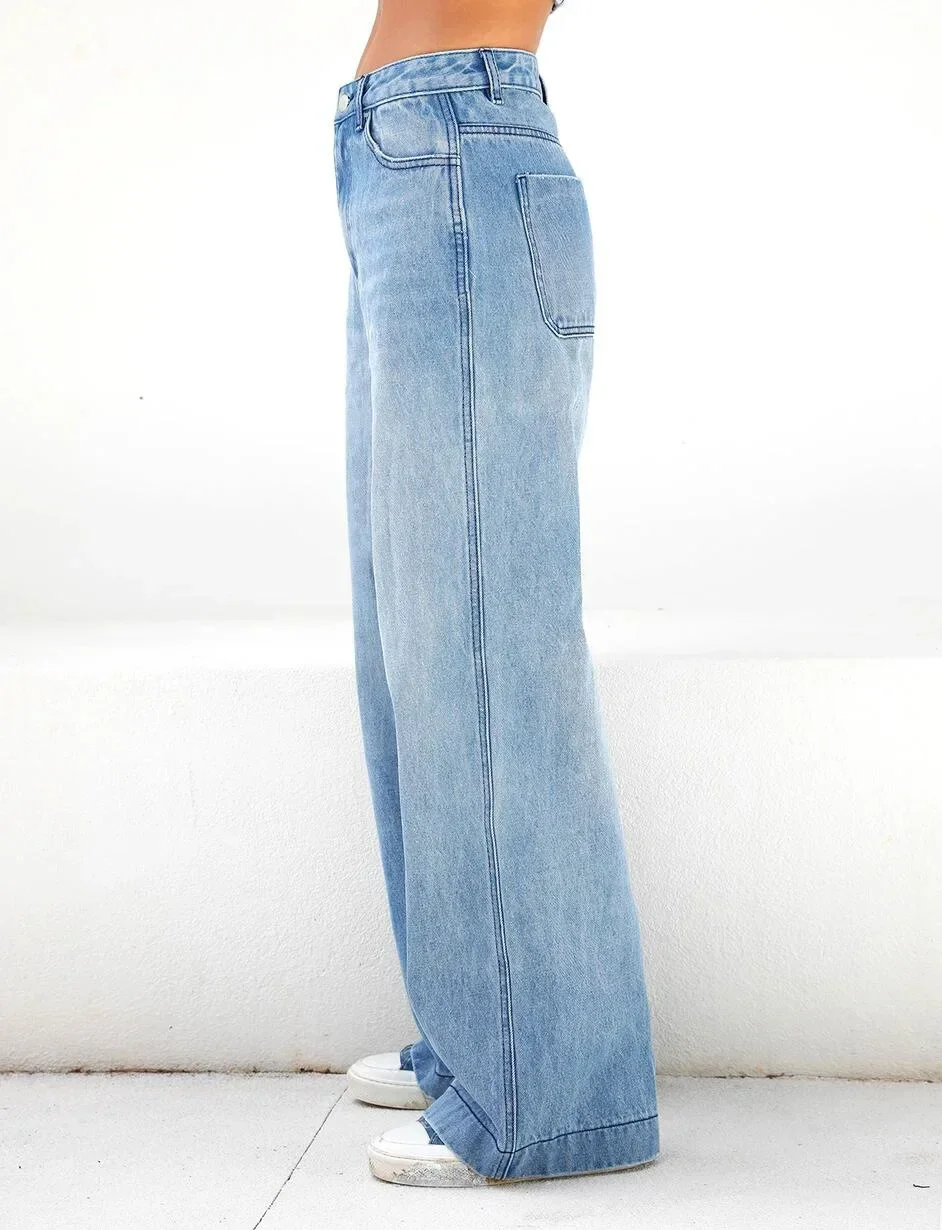 Frauen Jeans Hose mit weitem Bein Jeans taschen Streetwear lose hohe Taille in voller Länge Wasch reiß verschluss fliegen flach einfarbig 2024